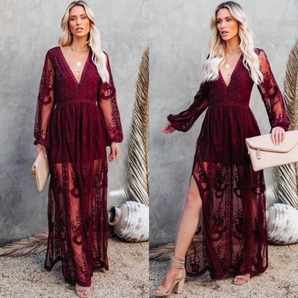 Wild Pony Long Wine Coloured V Neck Maxi Dress